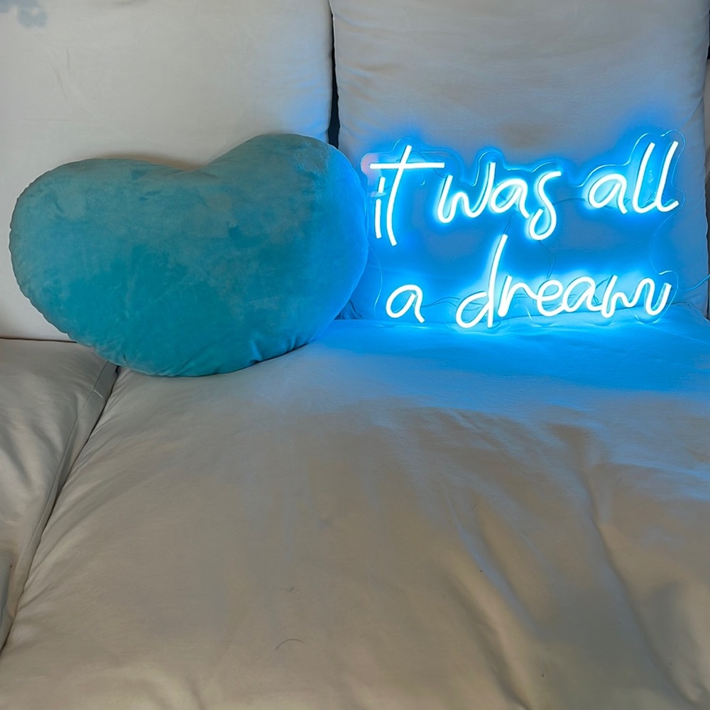 It was all a dream neon sign & matching turquoise blue heart pillow🩵💭